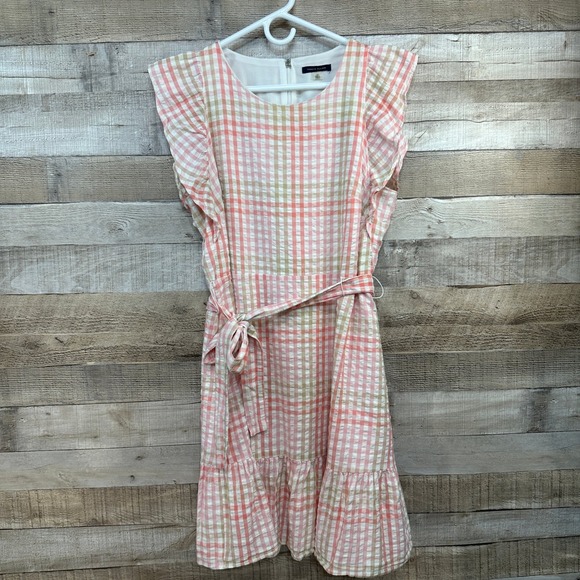 Tommy Hilfiger Dresses & Skirts - Tommy Hilfiger Pink Gingham Seersucker Ruffle Dress Womens 14 Plaid Belted Mini